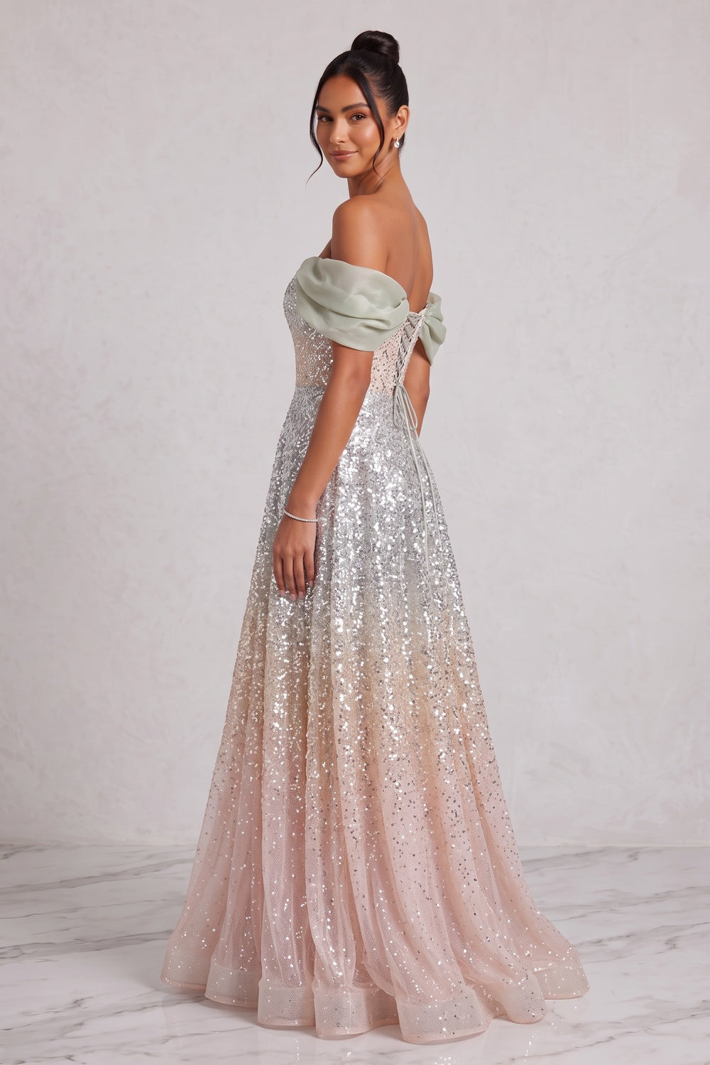 silver sequined tulle a-line gown silver, champagne, pale pink sequined tulle gown - product view 4