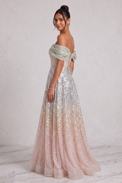 silver sequined tulle a-line gown silver, champagne, pale pink sequined tulle gown - product view 4
