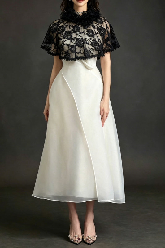 Black Lace Capelet Organza Midi Formal Dress
