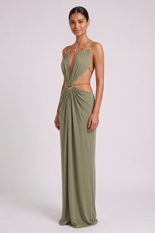 olive green jersey column with waist cutouts dress olive green jersey dress - product view 2