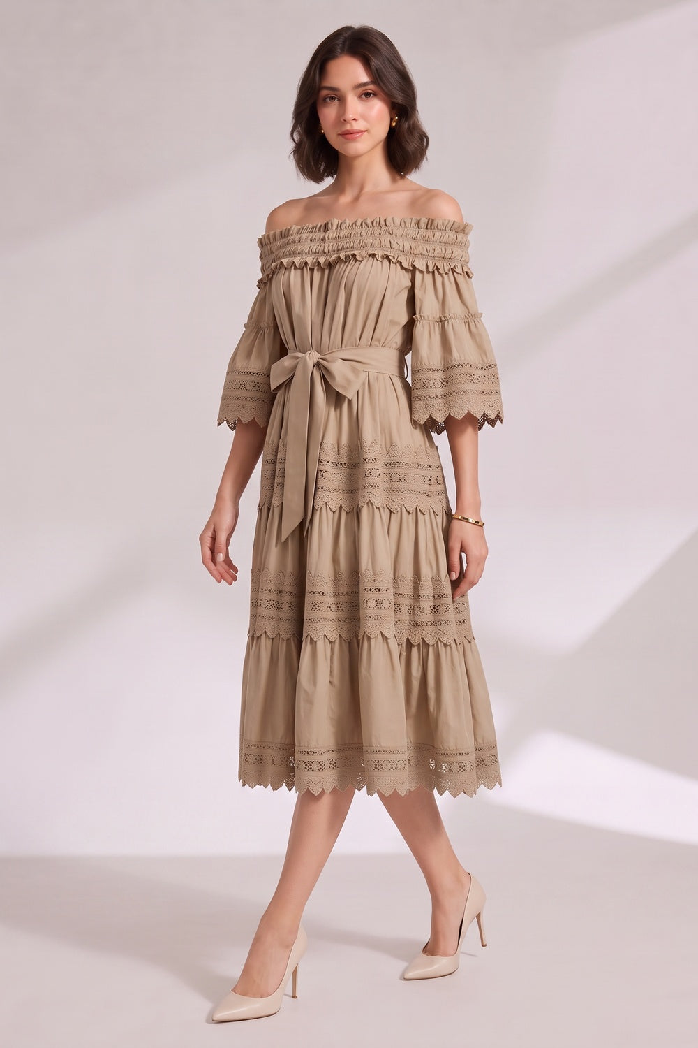 Beige Off-The-Shoulder Tiered Midi Dress with Lace Inserts Premium Fabric - product view 5