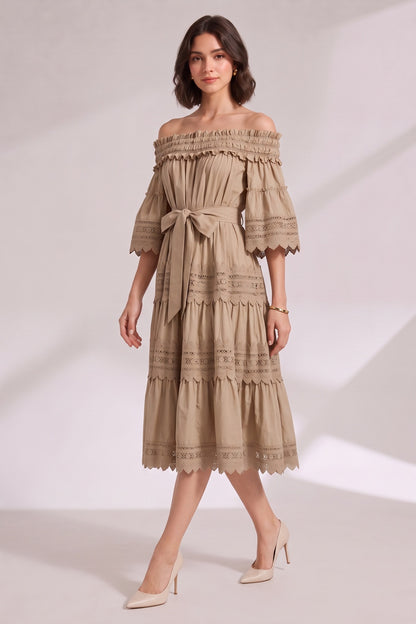 Beige Off-The-Shoulder Tiered Midi Dress with Lace Inserts Premium Fabric - product view 5