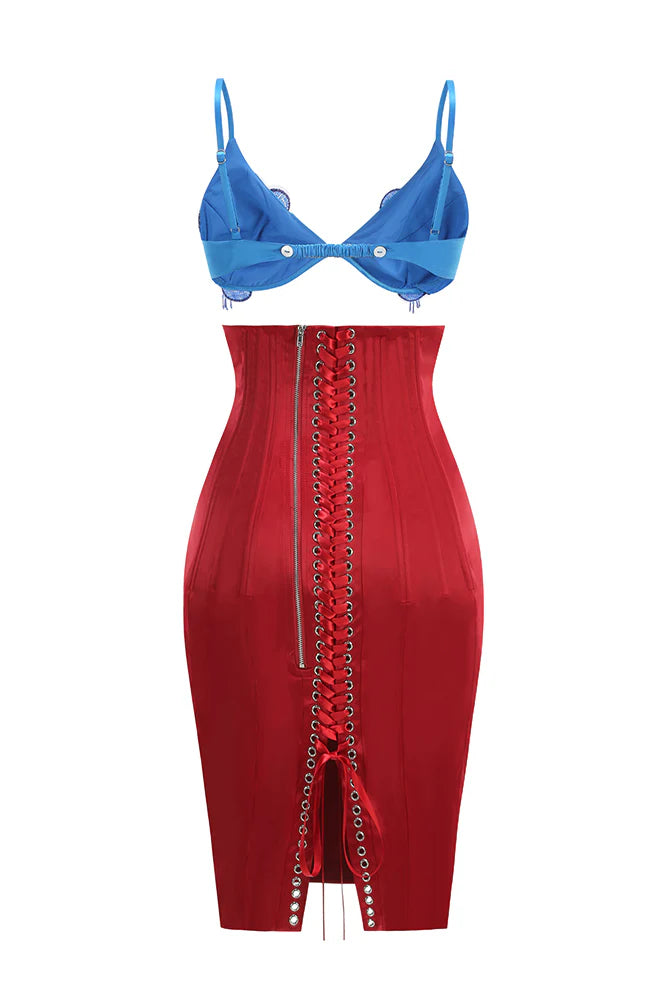 gwendolyn red Beaded Applique Lace-up mini Dress set