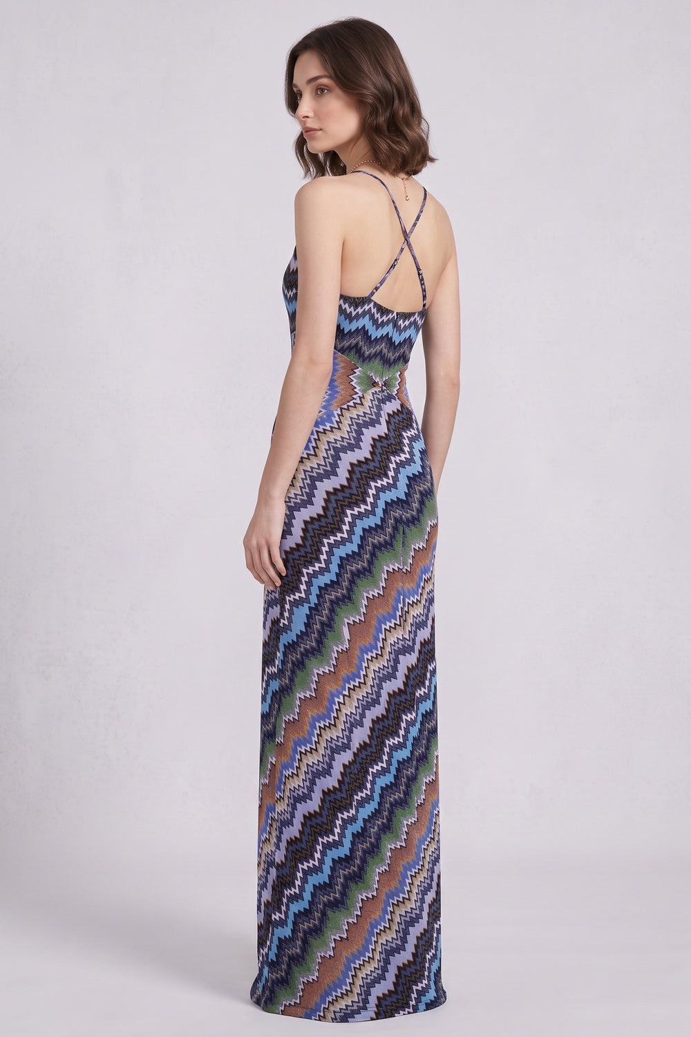 Blue Fine Knit Chevron Maxi Dress blue, purple, black, white fine knit maxi dress - product view 2