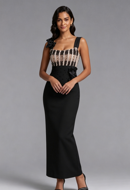 Black Structured Crepe Column Evening Gown with Beaded Bodice