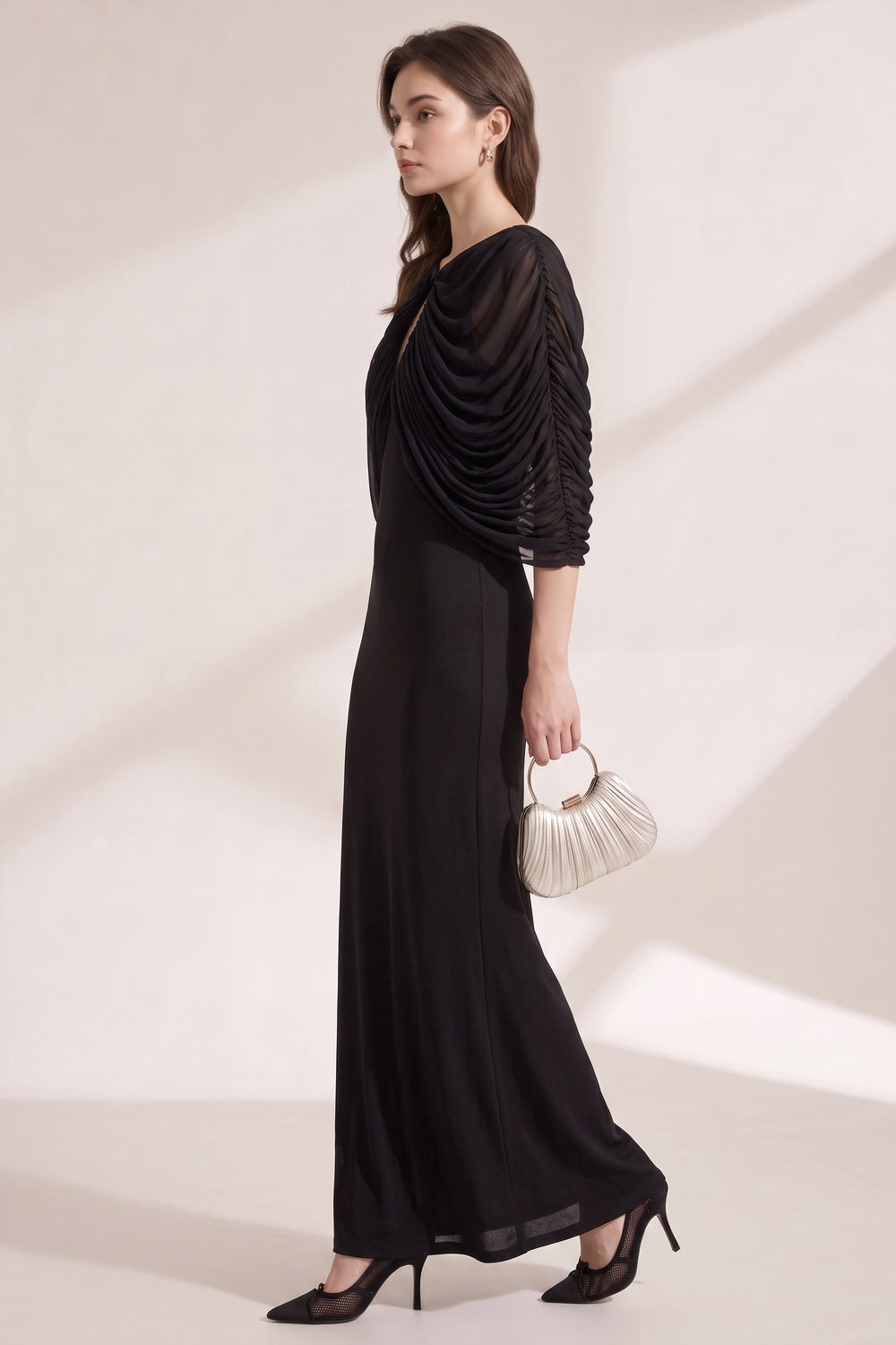 Black Matte Jersey Column Evening Gown with Draped Capelet black matte jersey evening gown - product view 4