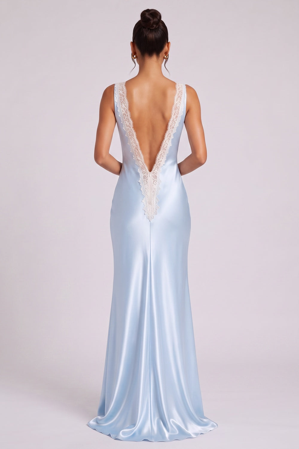 Light Blue Satin Slip Gown with Lace Applique light blue satin gown - product view 5