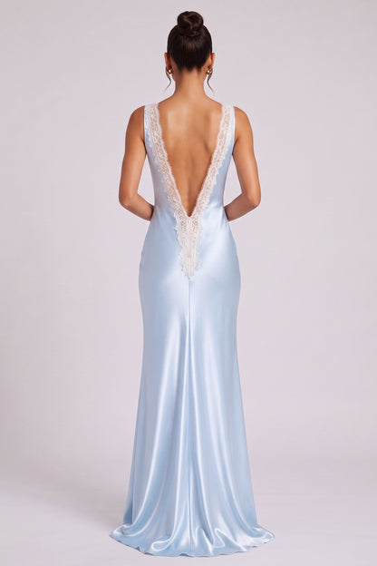 Light Blue Satin Slip Gown with Lace Applique light blue satin gown - product view 5