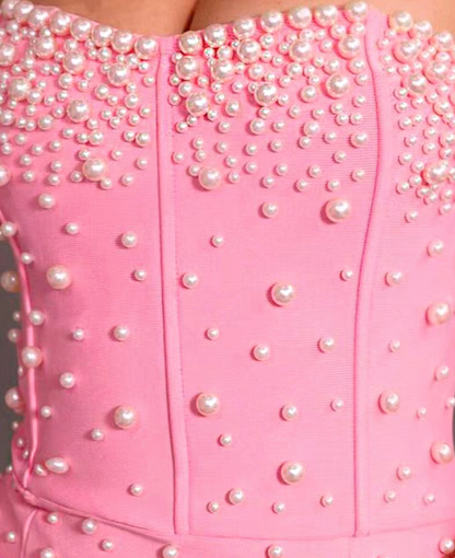 Light Pink Structured Crepe Sheath Dress with Pearl Embellishment