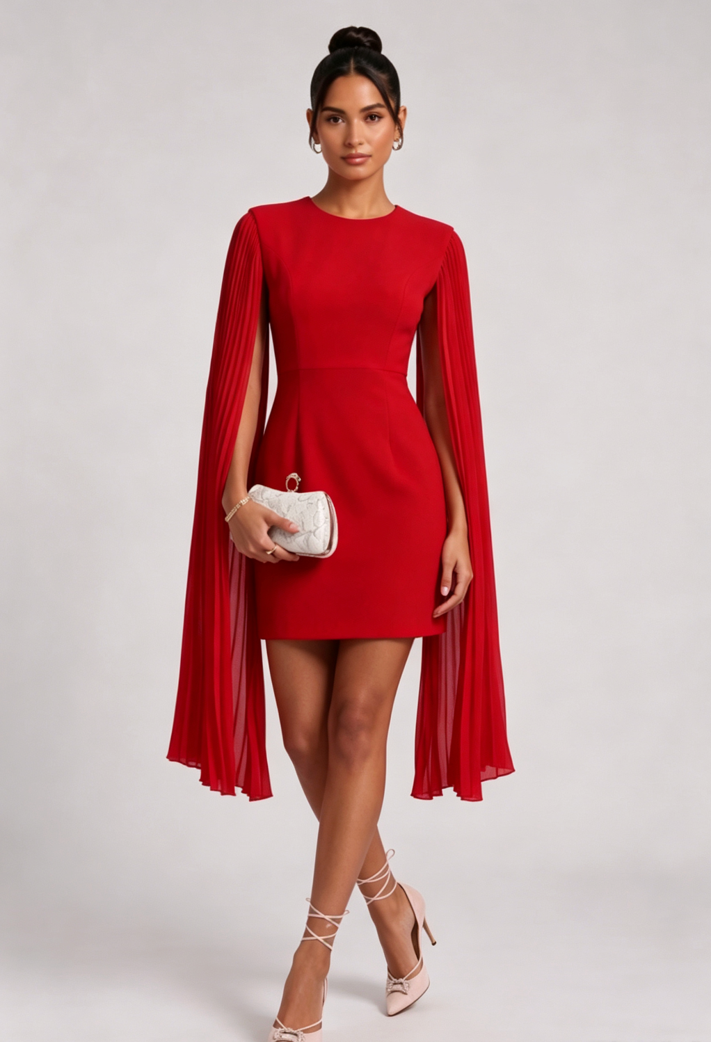 Red Crepe Sheath Dress with Pleated Cape Sleeves