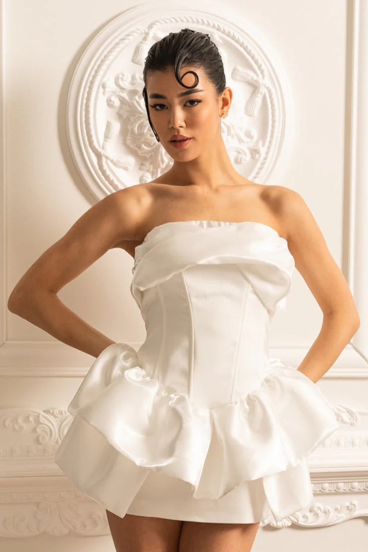 elizabeth Strapless Draped Ruffle mini Dress in white
