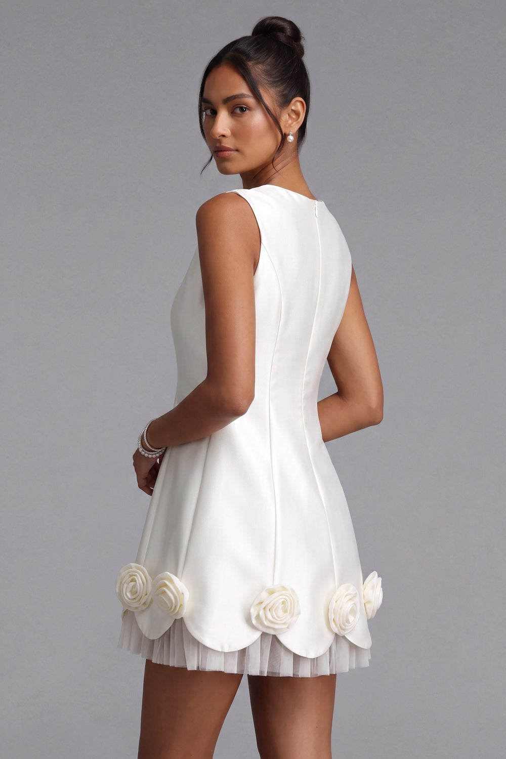 White Mini Dress with Rose Appliqués and Bow Detail Premium Fabric - product view 3