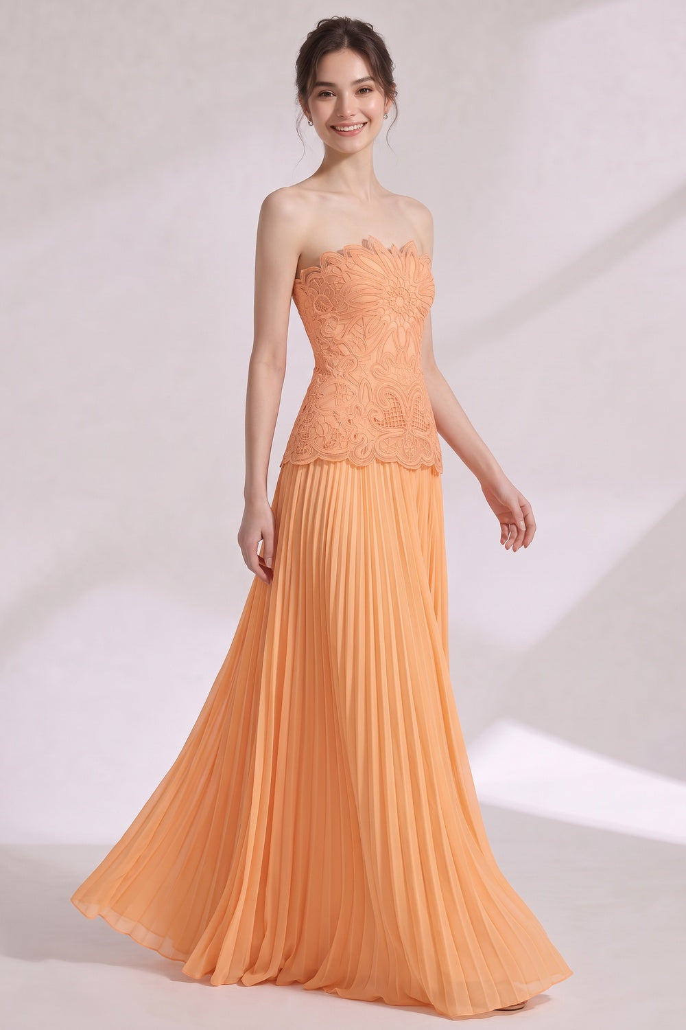 peach chiffon A-line with fitted drop-waist bodice gown peach chiffon gown - product view 3
