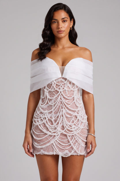 Off Shoulder Organza Pearl Beaded Mini Bodycon Dress