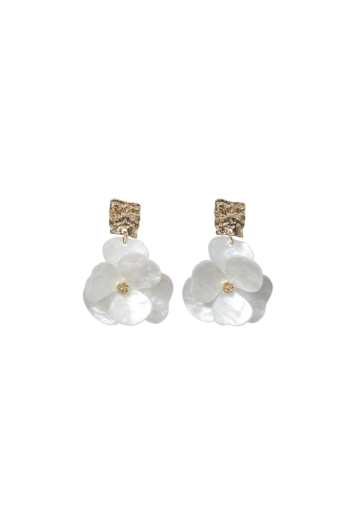 Textured Gold Square Mother-of-Pearl Floral Drop Earrings