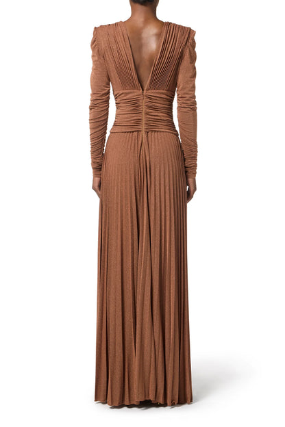 meroy Deep V puff sleeve pleated maxi dress in brown