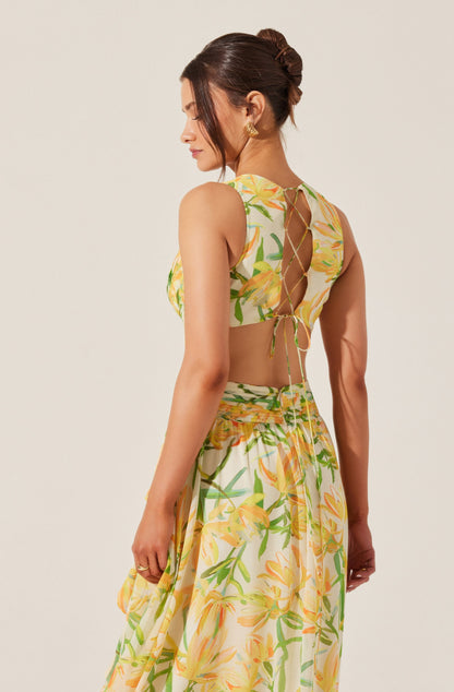 alyssa ruffle floral cutout maxi dress in yellow