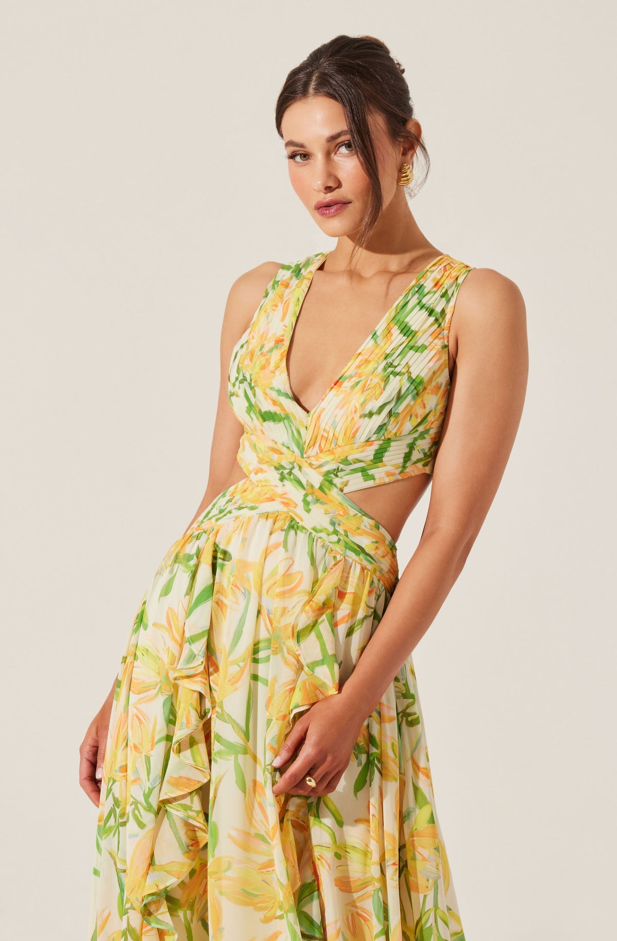 alyssa ruffle floral cutout maxi dress in yellow