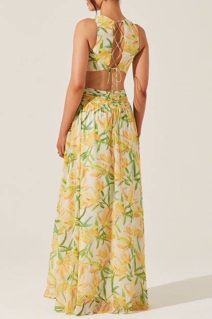 alyssa ruffle floral cutout maxi dress in yellow