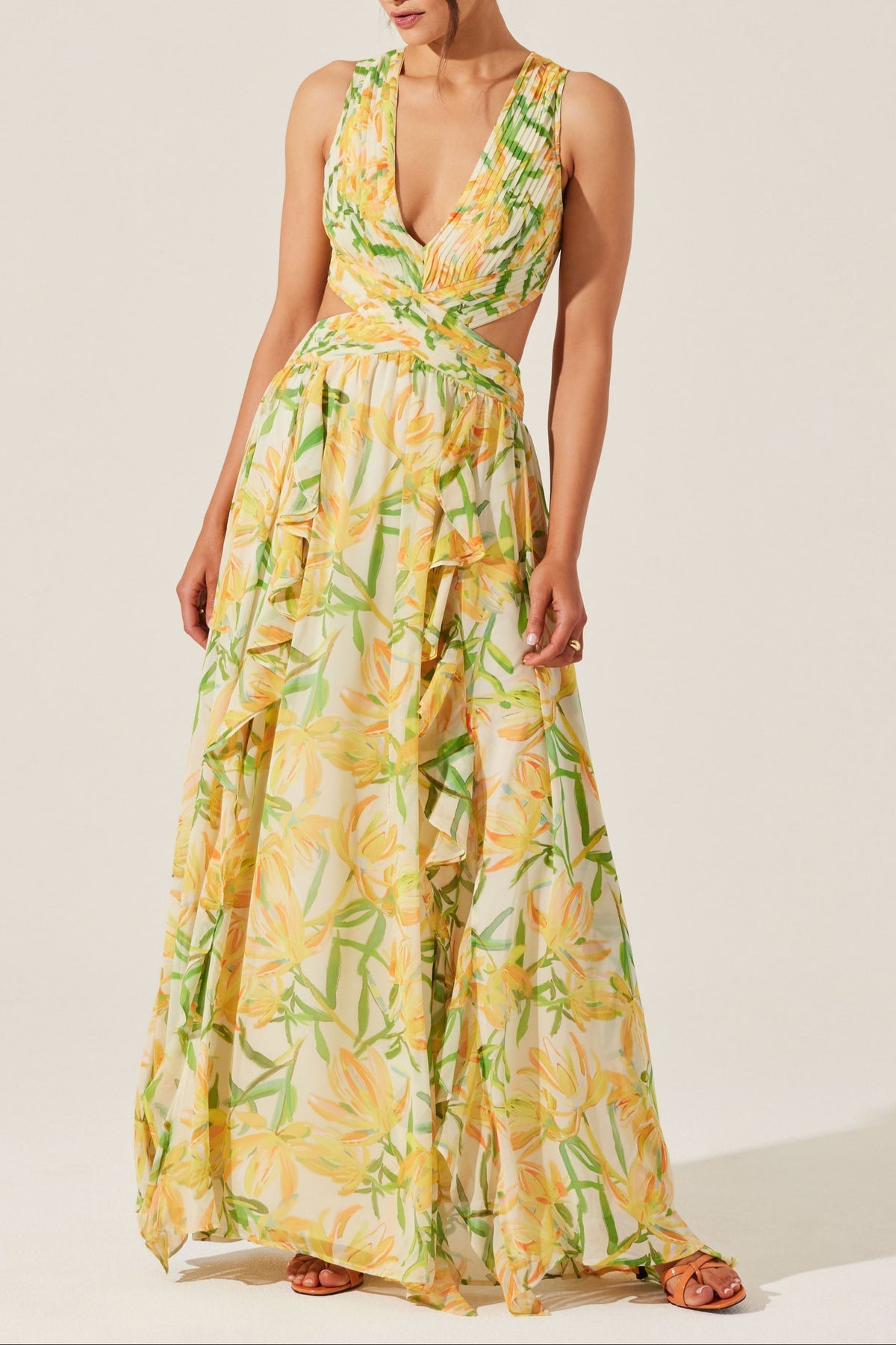 alyssa ruffle floral cutout maxi dress in yellow
