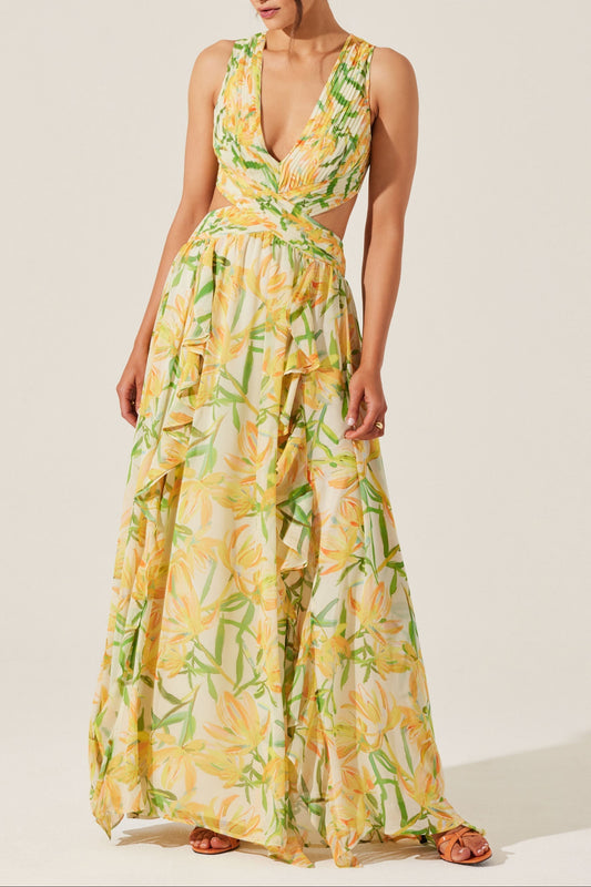 alyssa ruffle floral cutout maxi dress in yellow