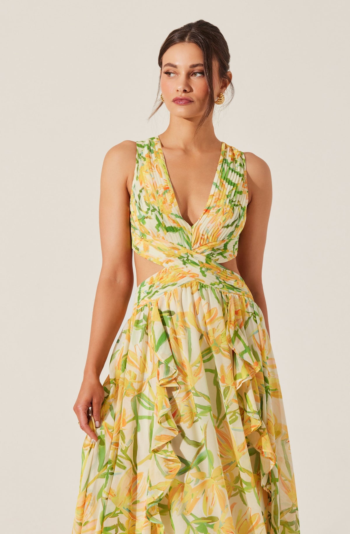 alyssa ruffle floral cutout maxi dress in yellow