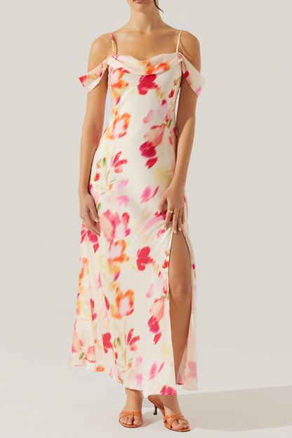 satin slit cold shoulder maxi dress in pink watercolor