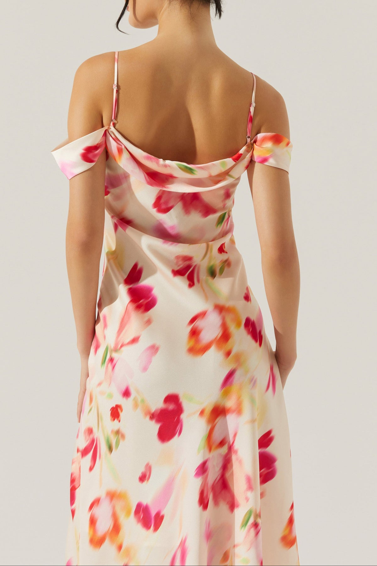 satin slit cold shoulder maxi dress in pink watercolor