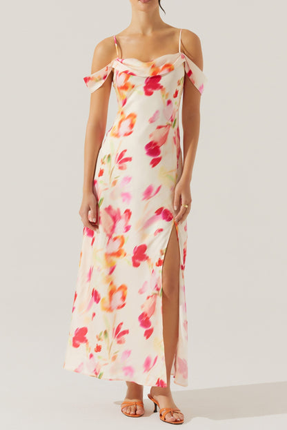 satin slit cold shoulder maxi dress in pink watercolor