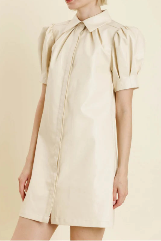 White lapel collar leather puff sleeves mini dress
