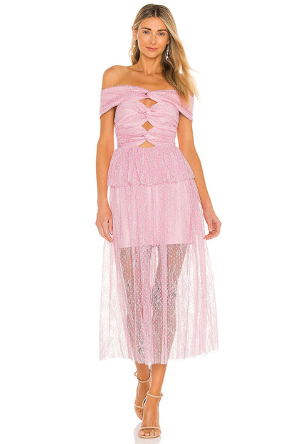 lace cutout strapless midi dress in lilac
