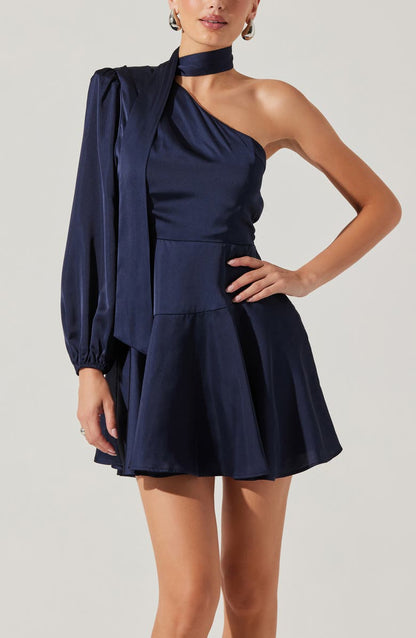 Deep Blue Satin Scarf Mini Skater Dress