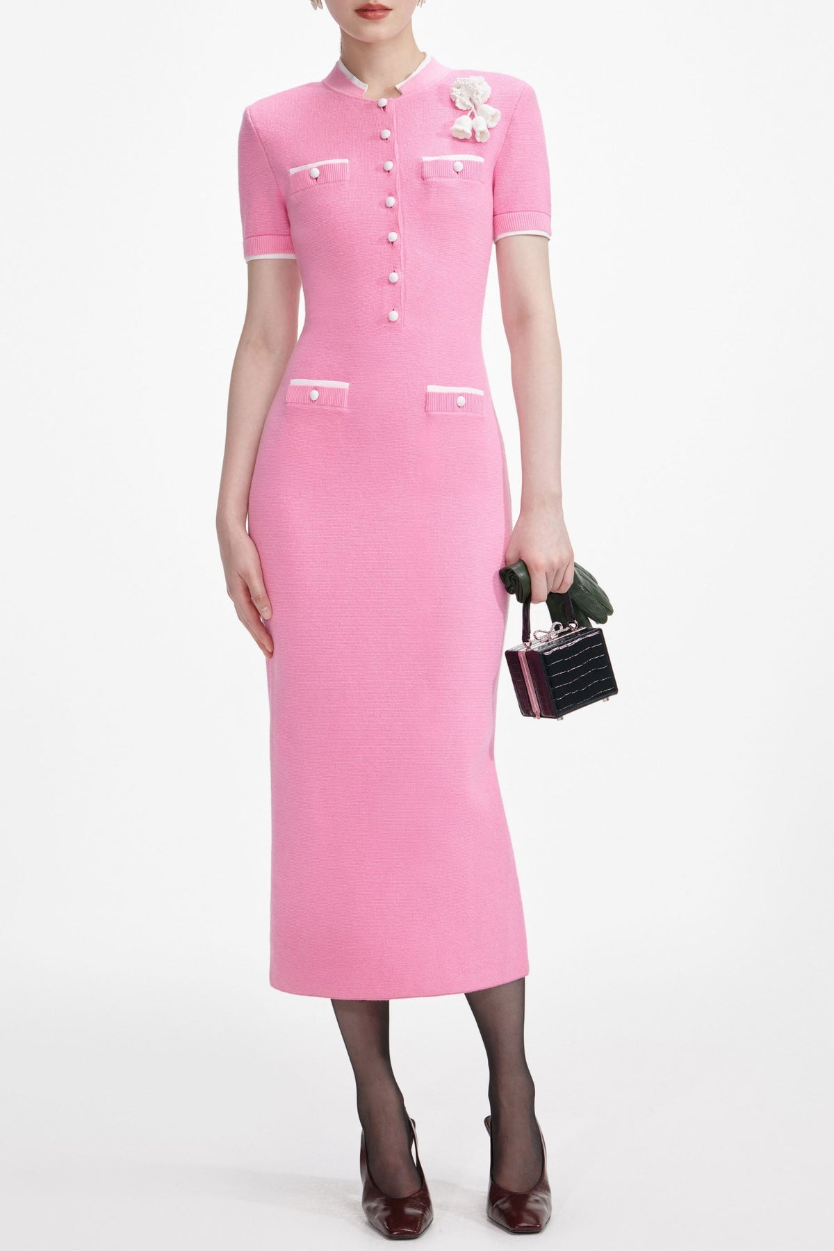 yvette Pink Crochet Flower Knit Midi Dress