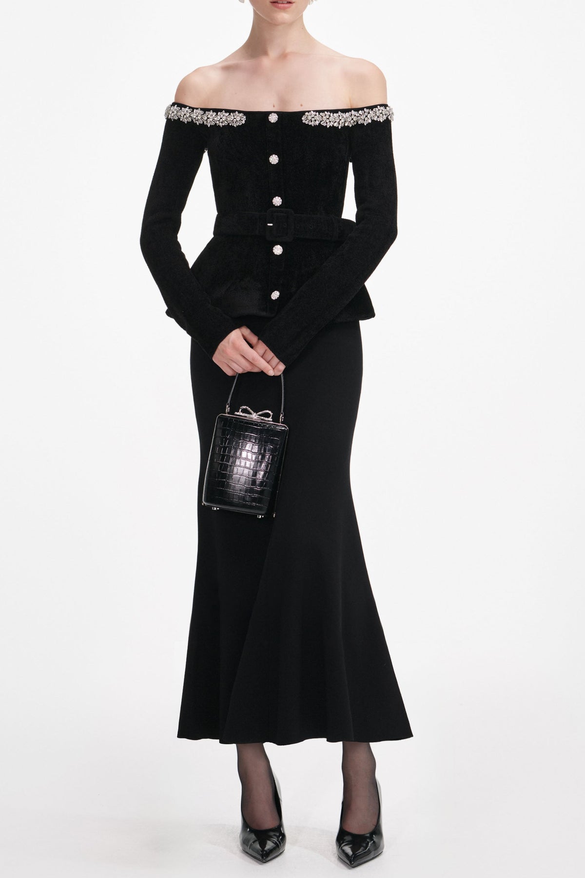 xaviera Black Chenille Knit Crystal Trim Midi Dress