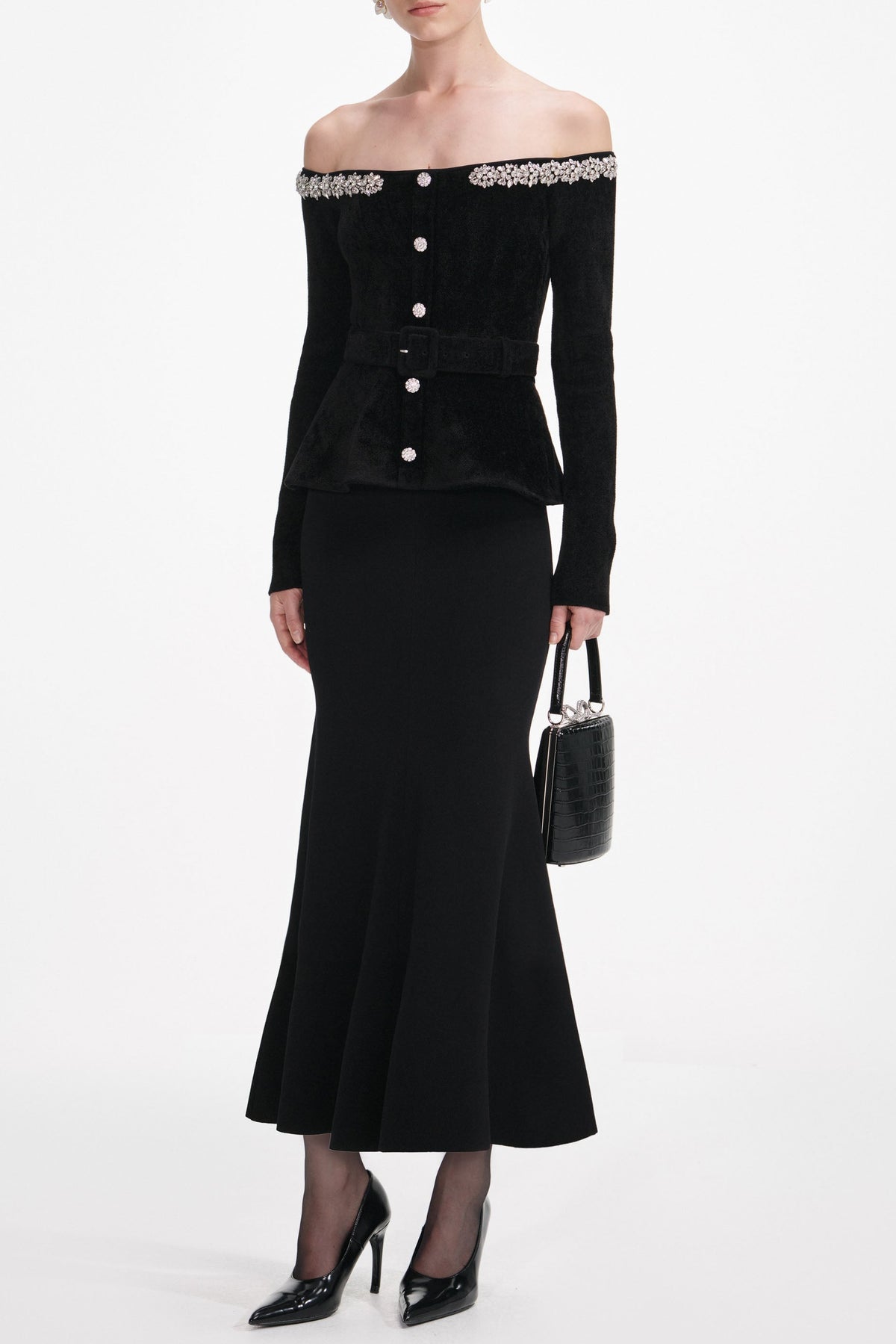 xaviera Black Chenille Knit Crystal Trim Midi Dress