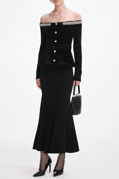 xaviera Black Chenille Knit Crystal Trim Midi Dress