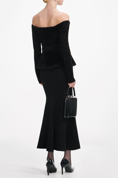 xaviera Black Chenille Knit Crystal Trim Midi Dress