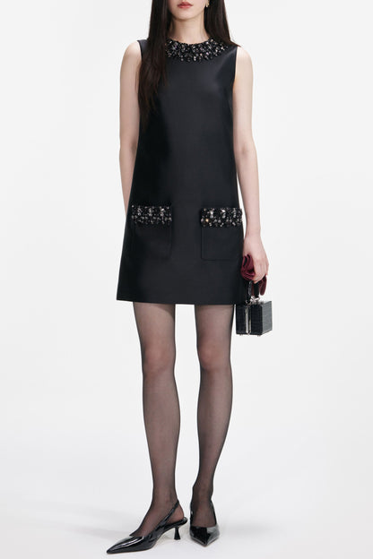 maggie Black Taffeta Embellished Trim Mini Dress