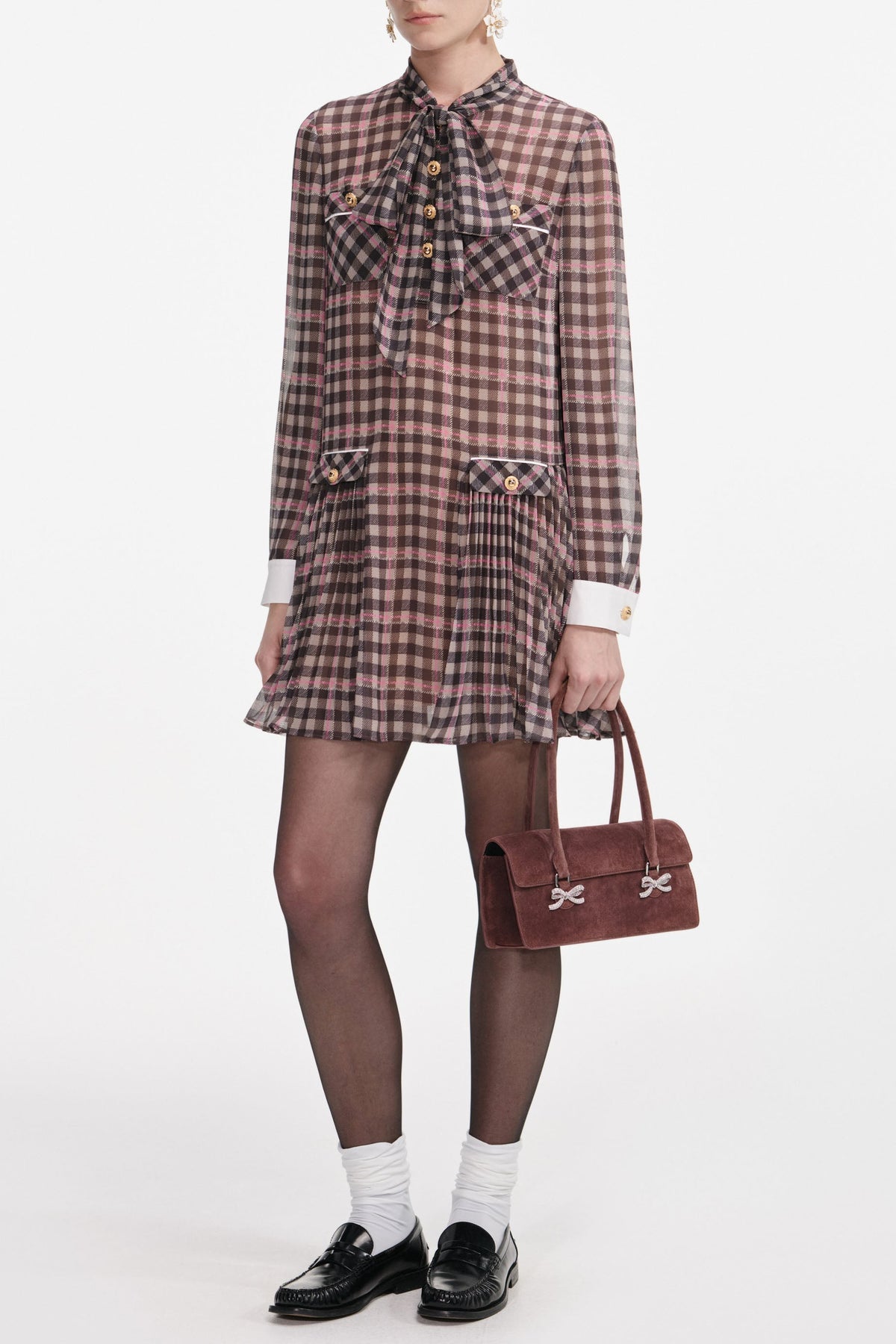frances Brown Check Chiffon Mini Dress