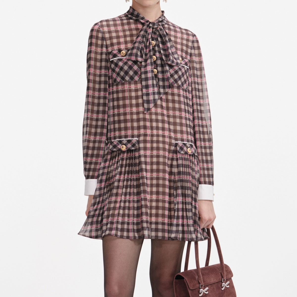 frances Brown Check Chiffon Mini Dress