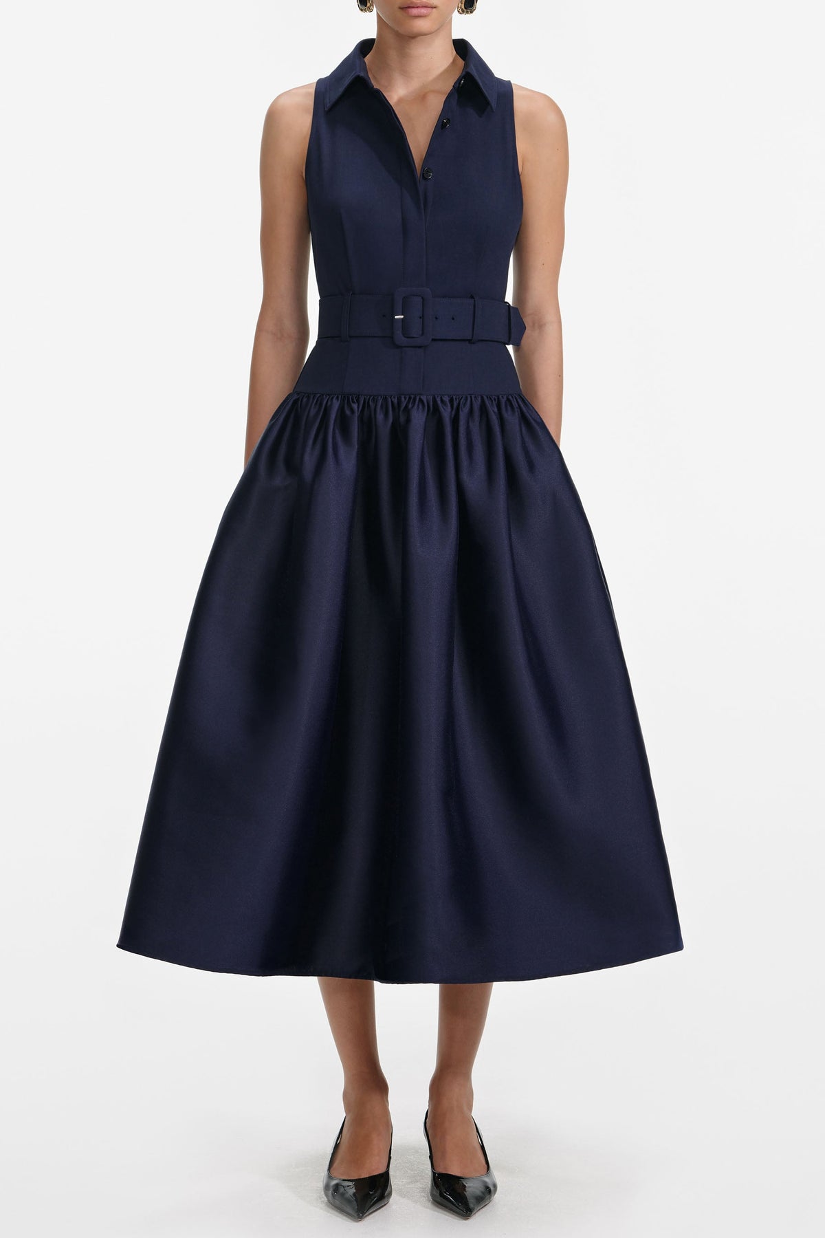 naomi Navy Belted Twill Midi Dress