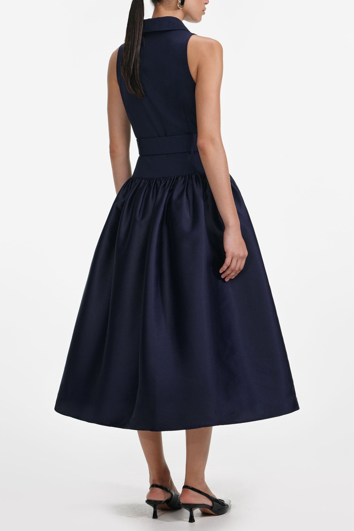 naomi Navy Belted Twill Midi Dress