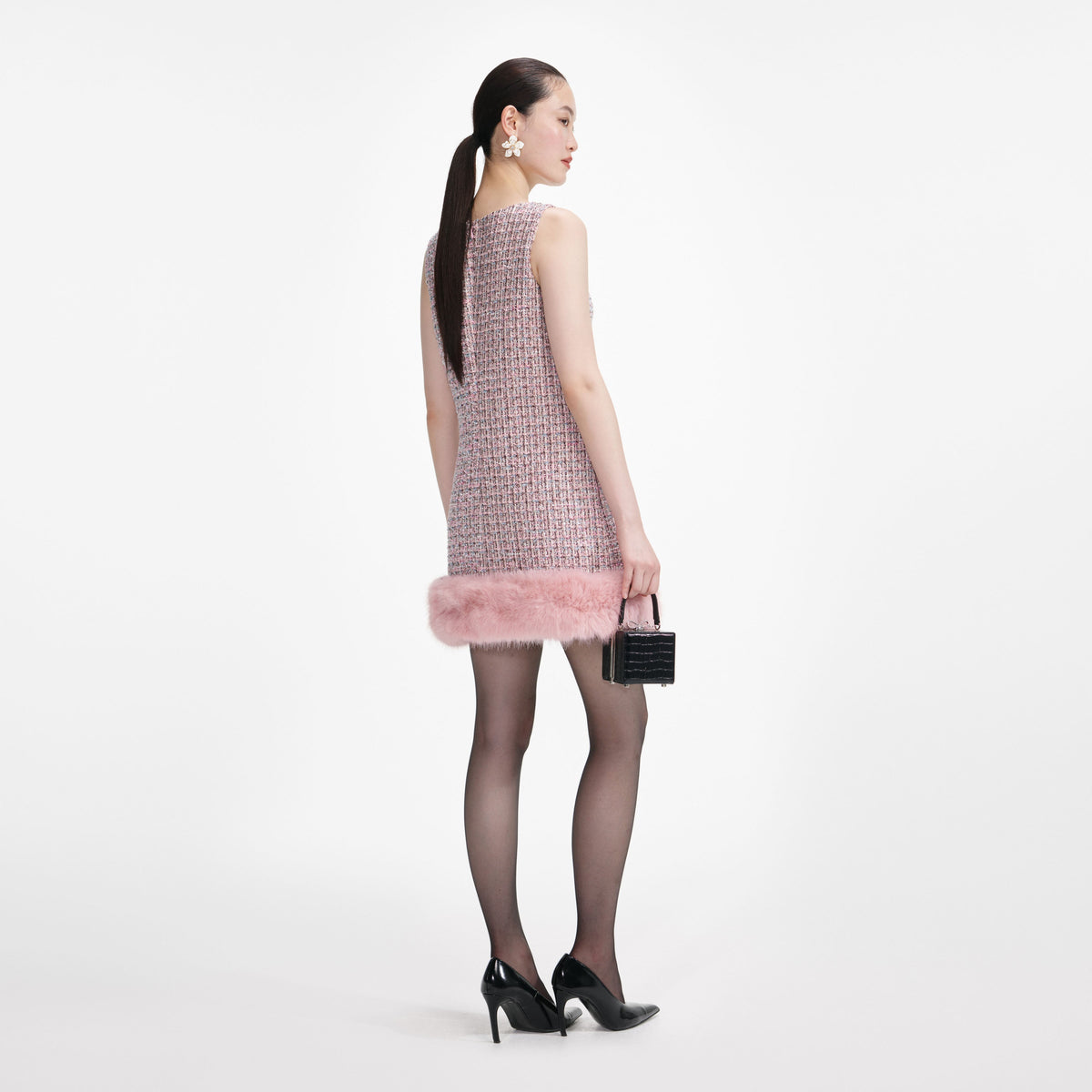 rosemary Pink Boucle Fur Hem Mini Dress