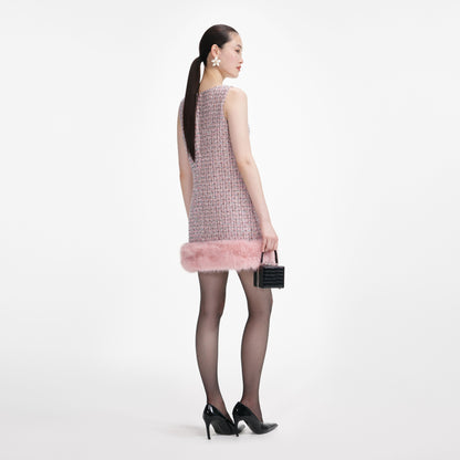 rosemary Pink Boucle Fur Hem Mini Dress