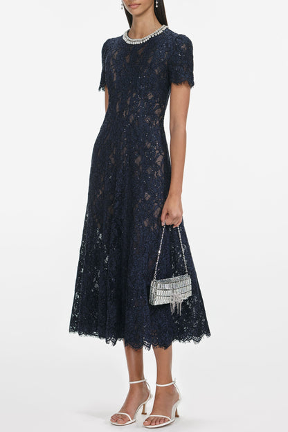 tess Navy Lace Embellished Midi Dress