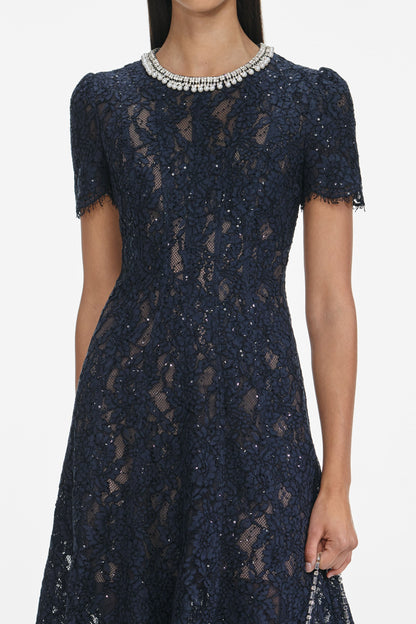 tess Navy Lace Embellished Midi Dress