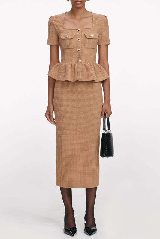 natalie Camel Peplum Knit Midi Dress