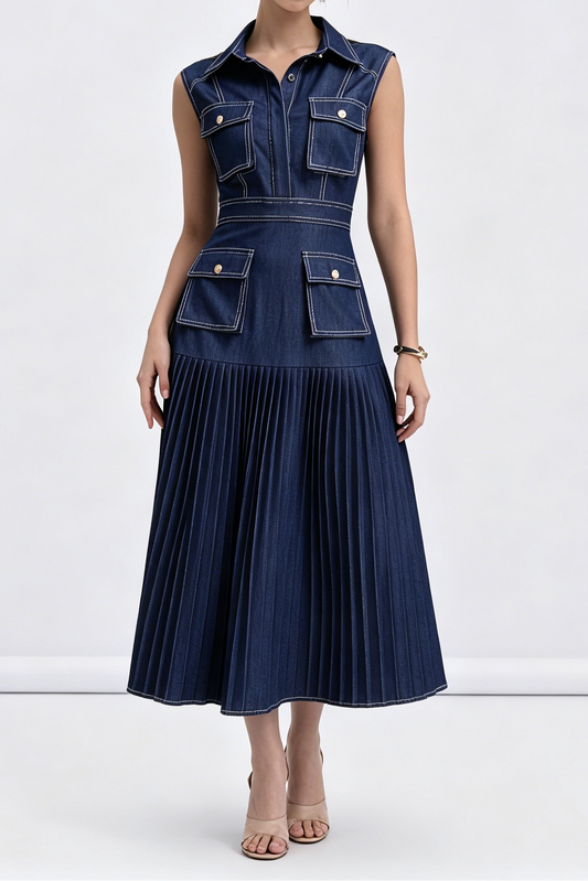 Dark Denim Sleeveless Cargo Pocket Shirt Top Pleated Midi Dress