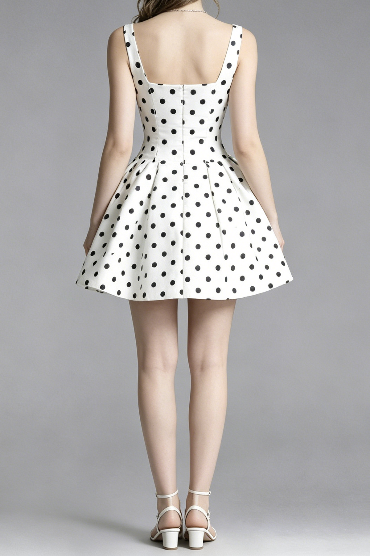 White Black Polka Dot Satin Square Neck Sleeveless Fit & Flare Mini Dress