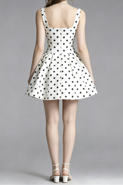 White Black Polka Dot Satin Square Neck Sleeveless Fit & Flare Mini Dress